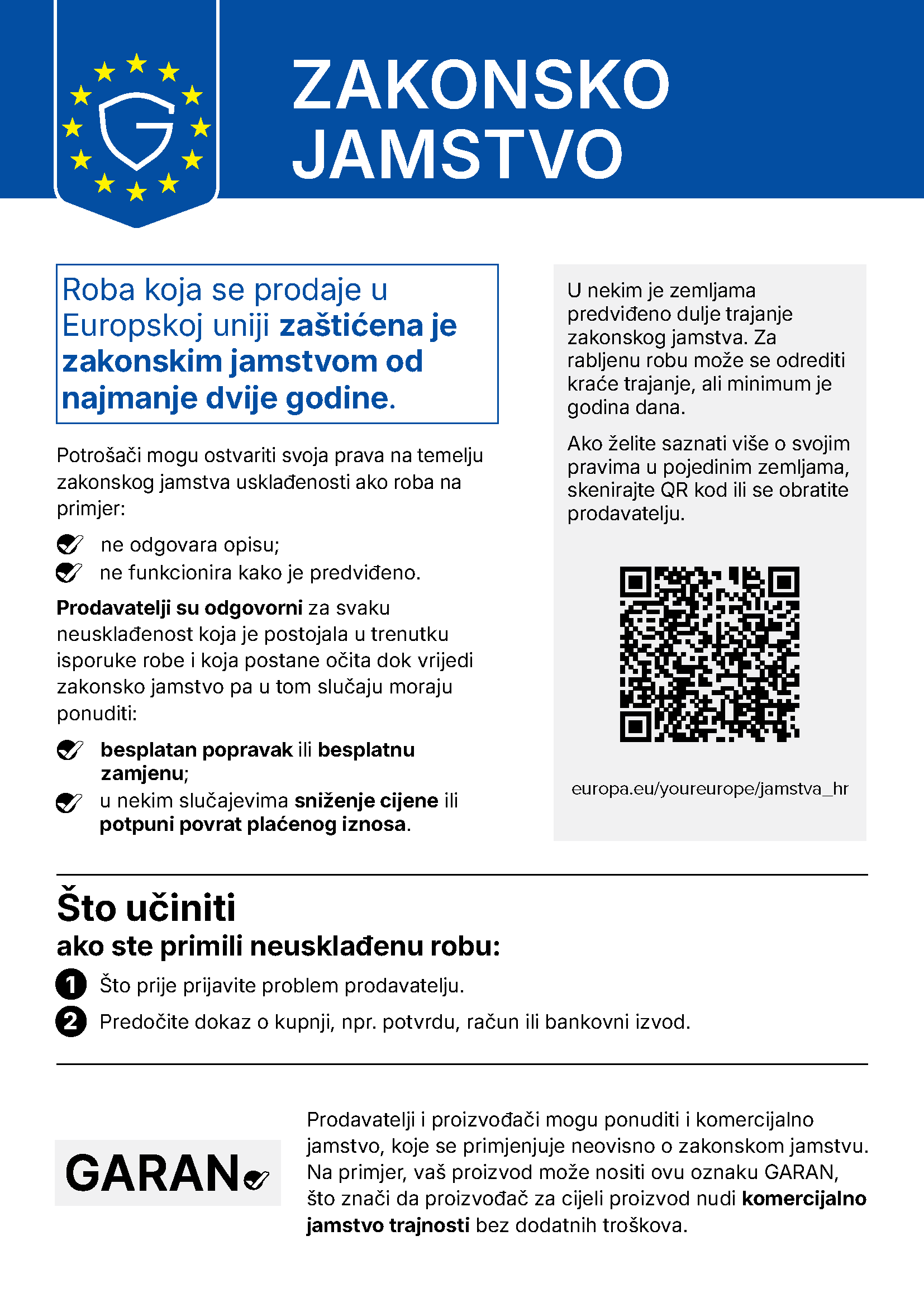 Usklađena EU obavijest o zakonskom jamstvu sukladnosti – Vaša prava iz zakonskog jamstva